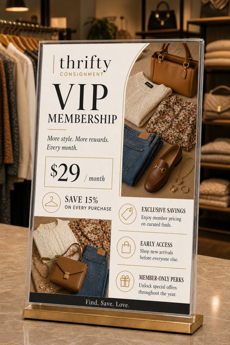 A VIP membership sign on a consignment shop counter