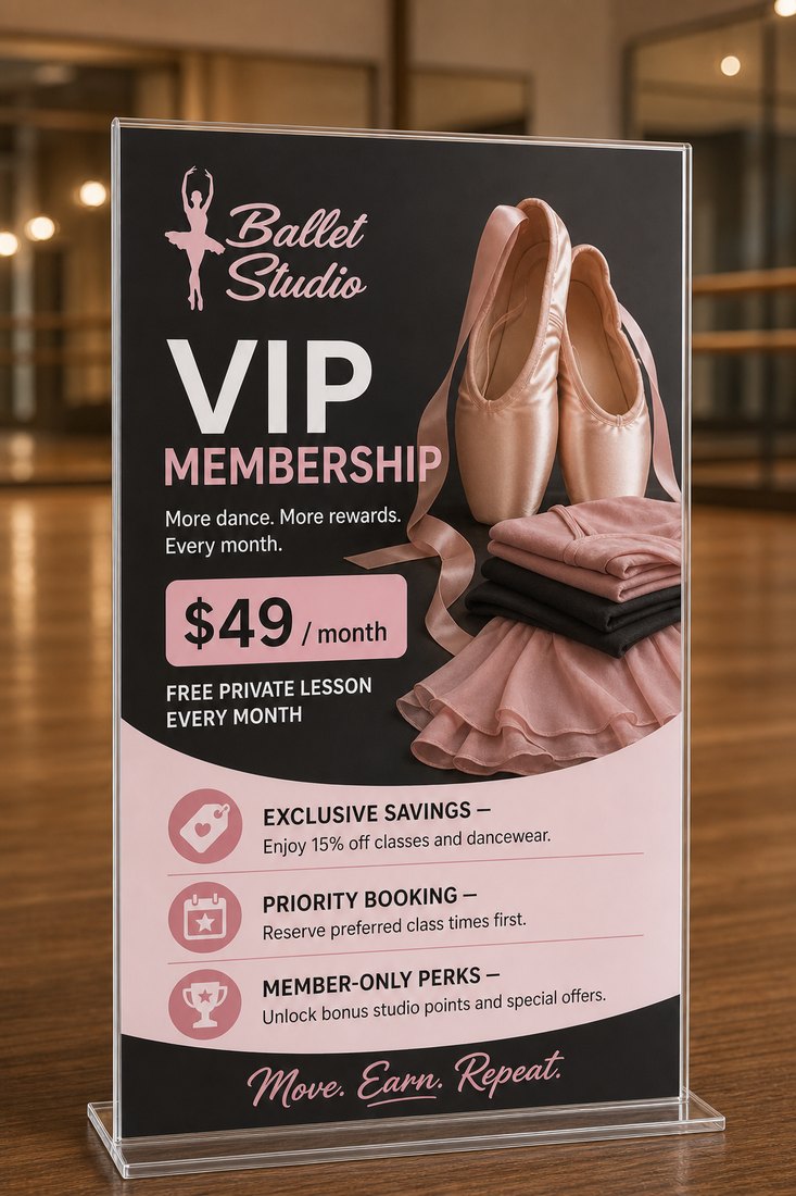 A VIP membership sign on a ballet studio counter