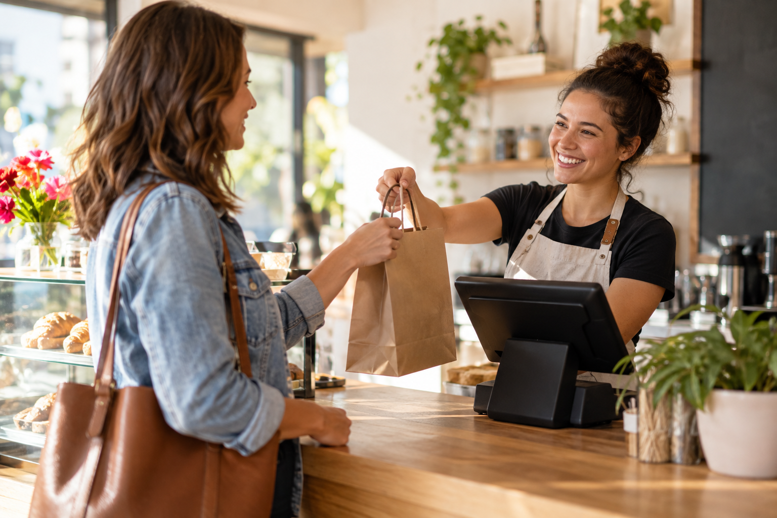 A happy customer collecting her order at the counter