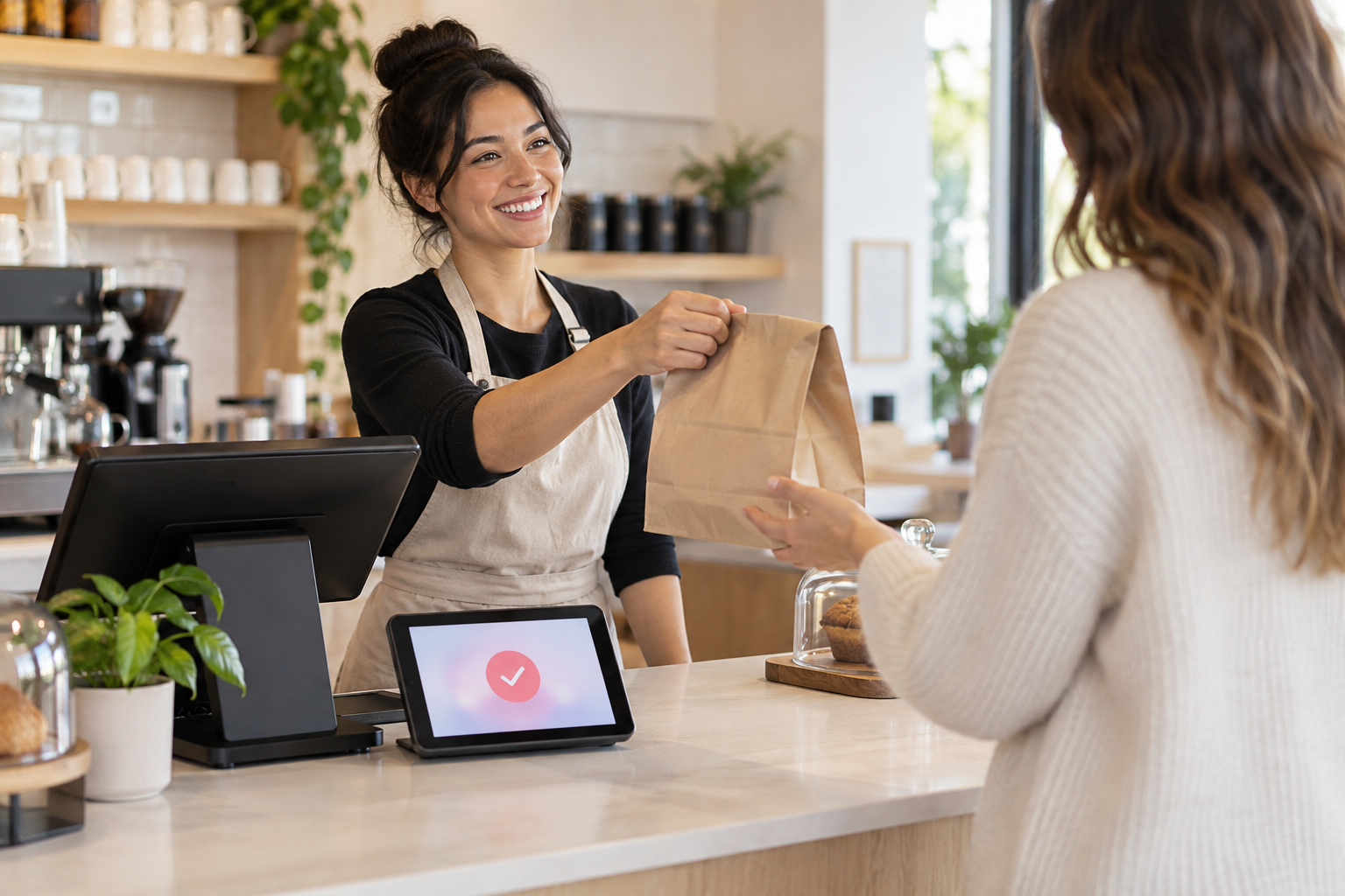 A barista handing over an order while the counter tablet confirms the reward