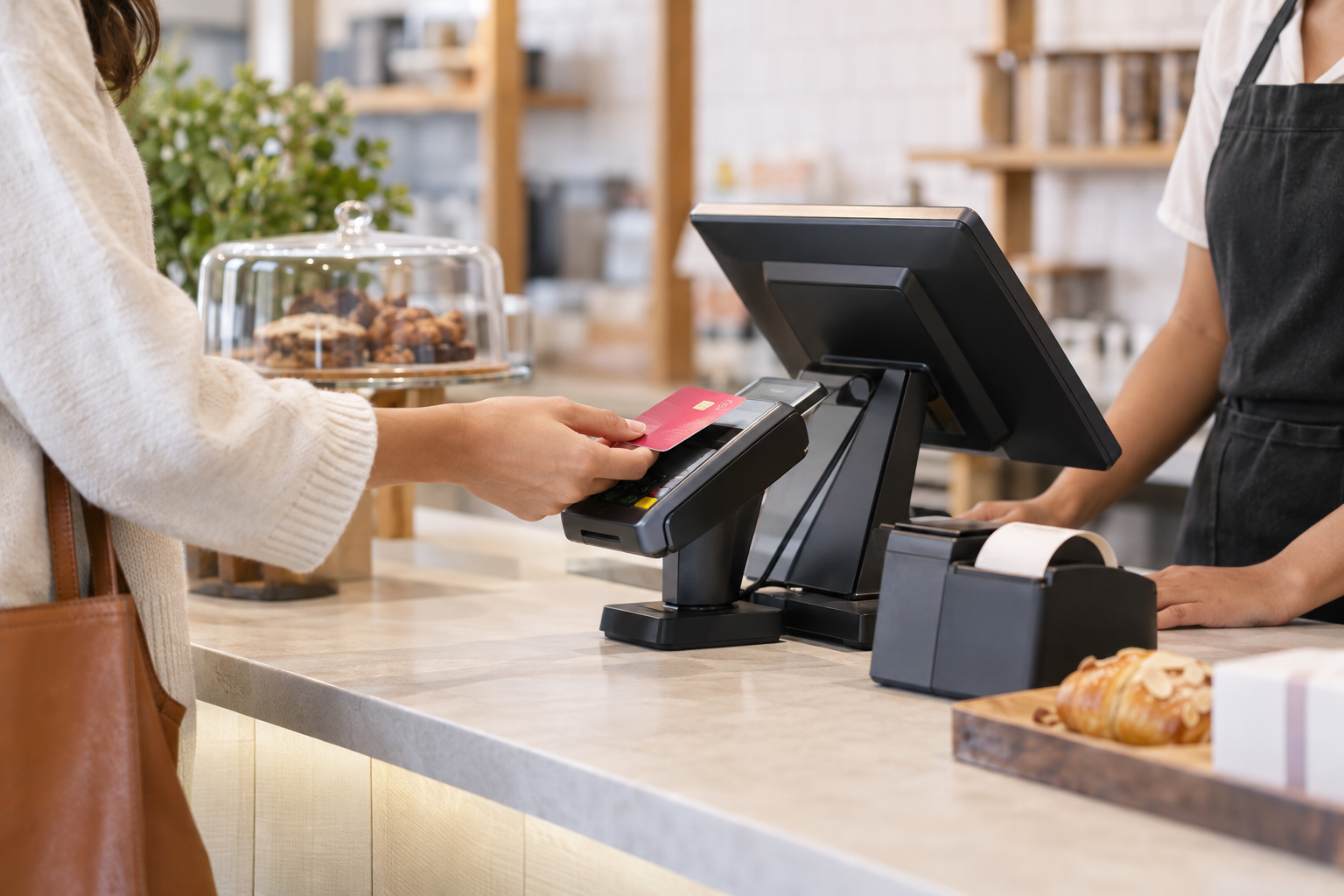 A customer tapping a card at the register