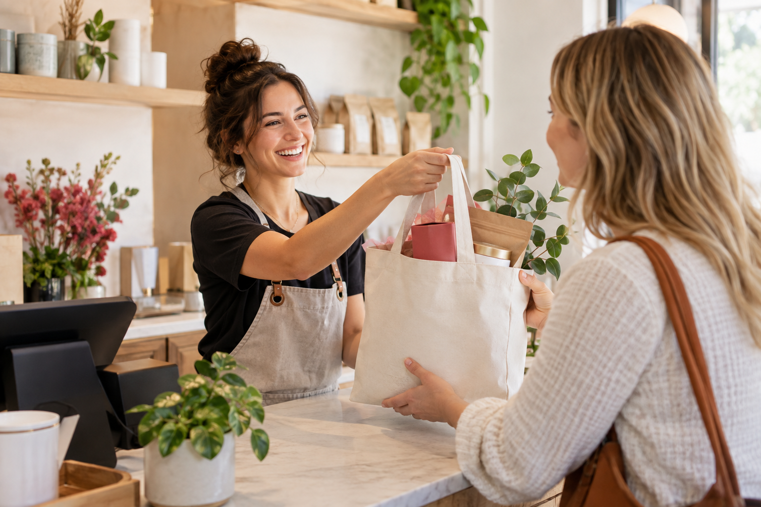 A shop owner handing a member her bag of purchases
