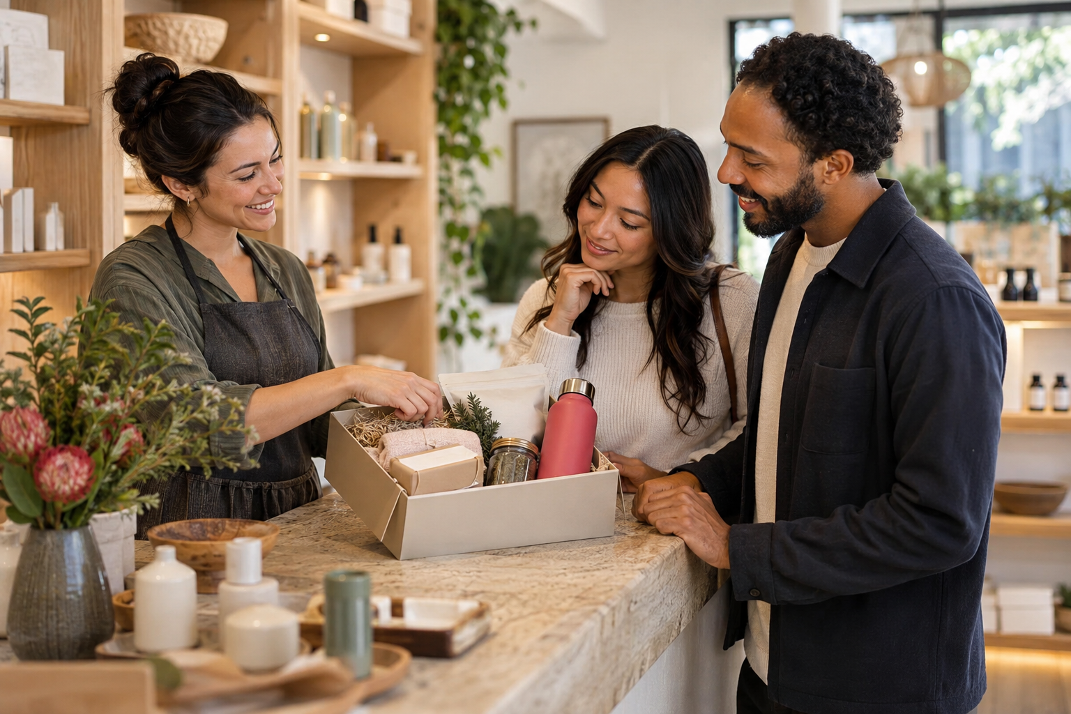 A shop owner showing two members a curated gift box