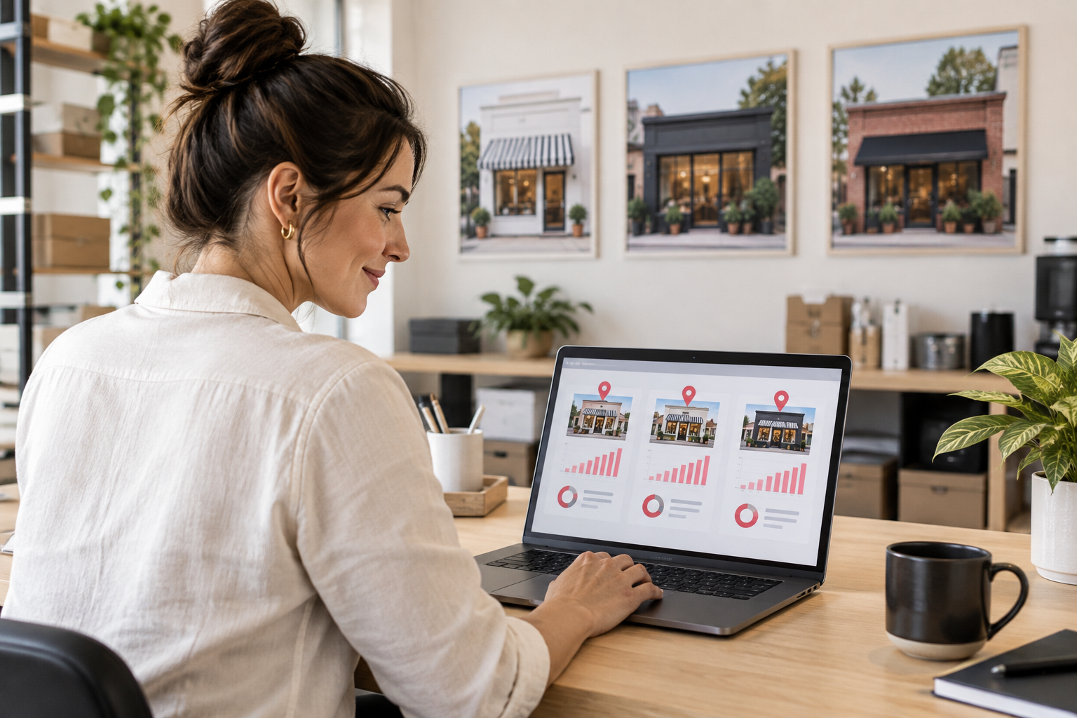An owner reviewing reporting for three store locations