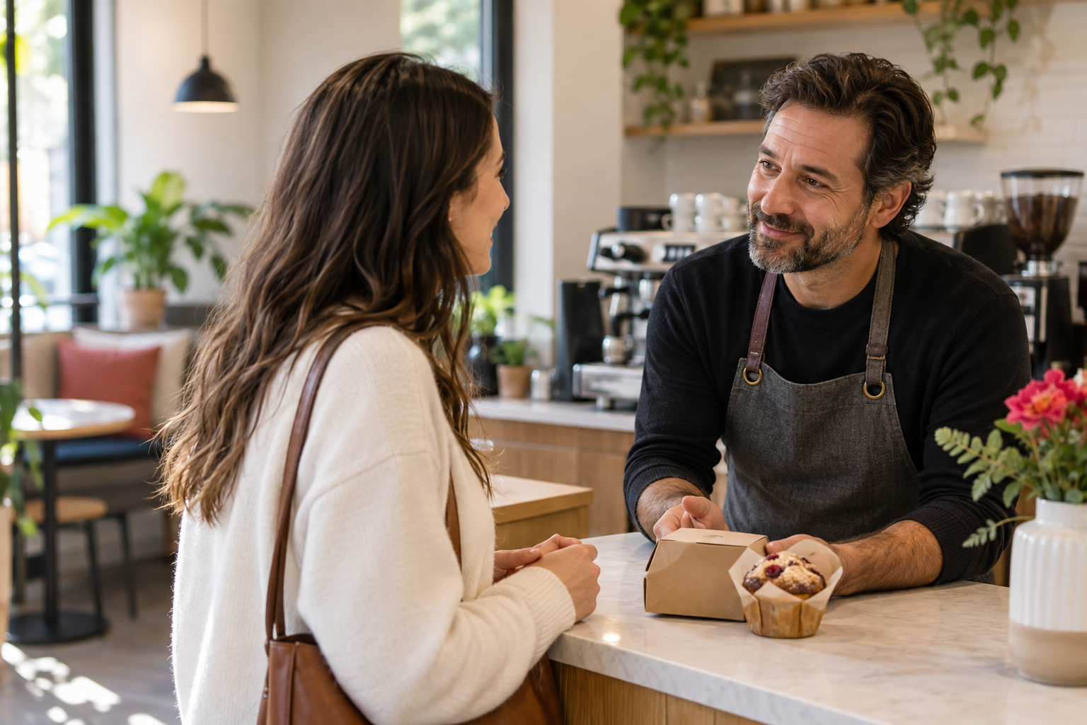 An owner making things right with a customer at the counter