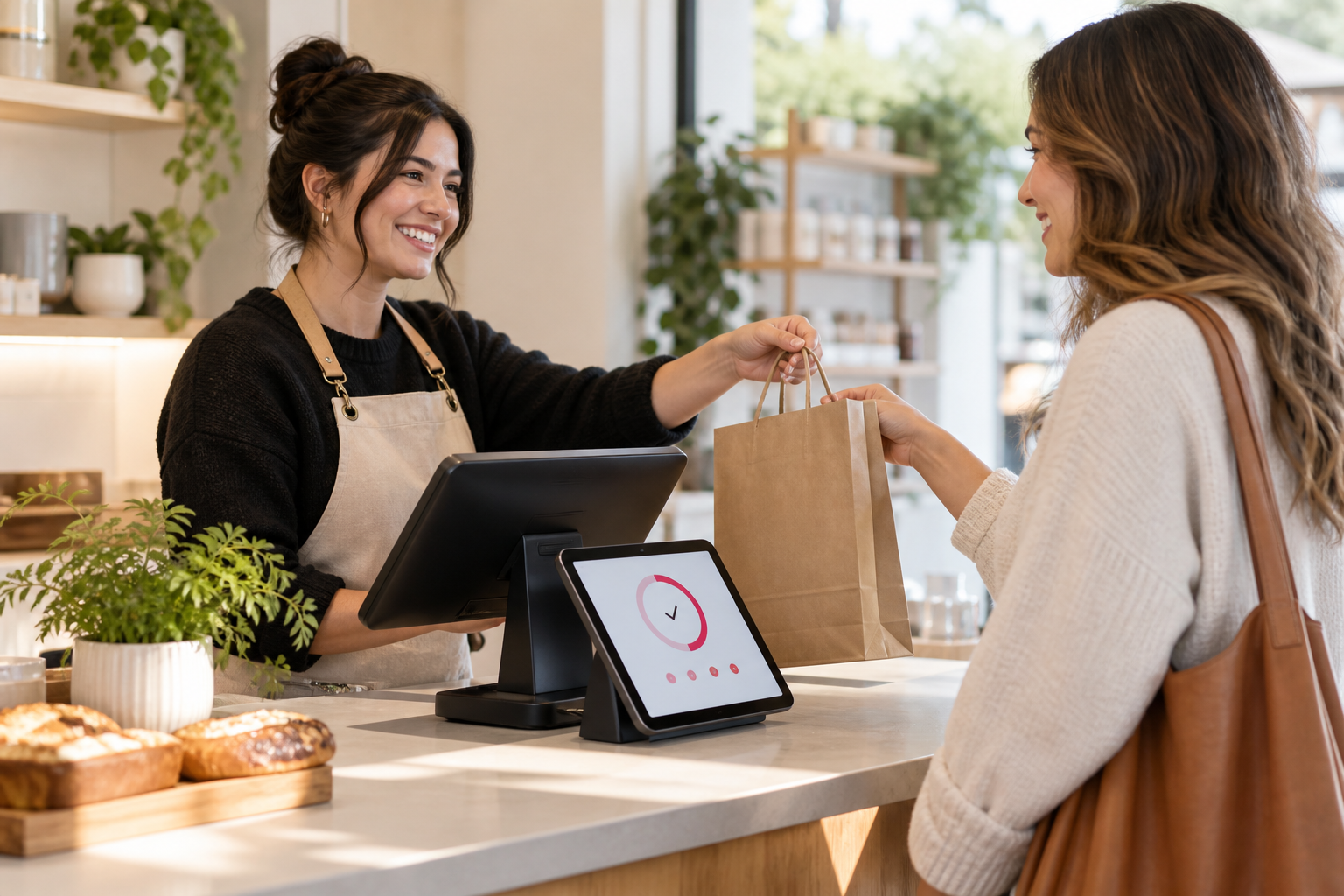 A returning customer picking up an order at the counter