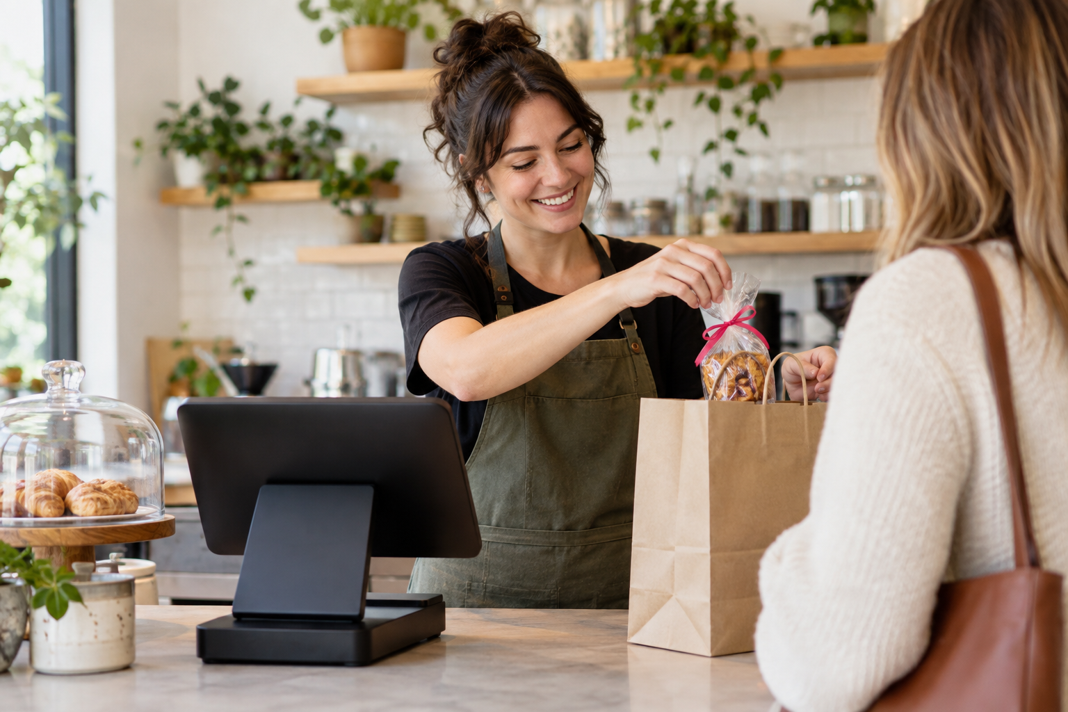 A barista adding a member perk to a customer's order