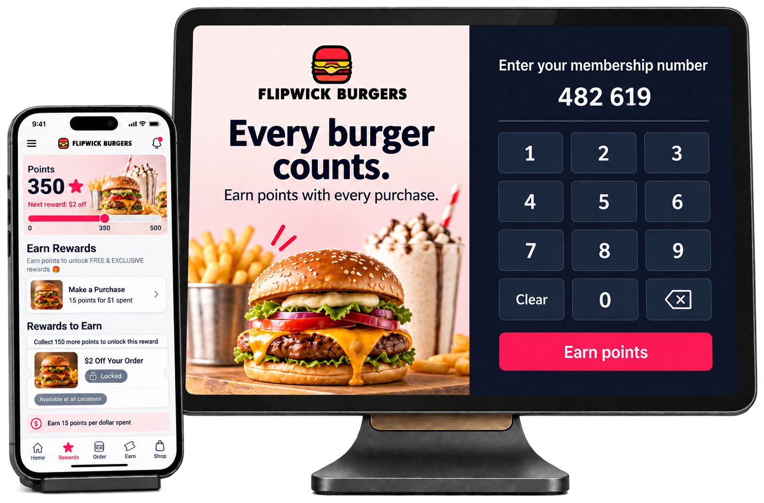 The Flipwick Burgers rewards screen on a phone and a tablet