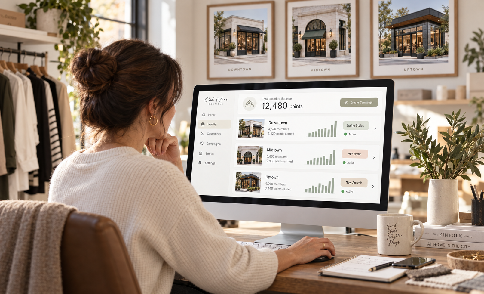 A boutique owner reviewing loyalty results for three store locations on a desktop dashboard