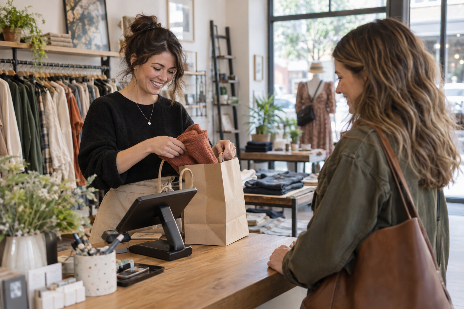A shop assistant bagging a purchase for a customer at the counter