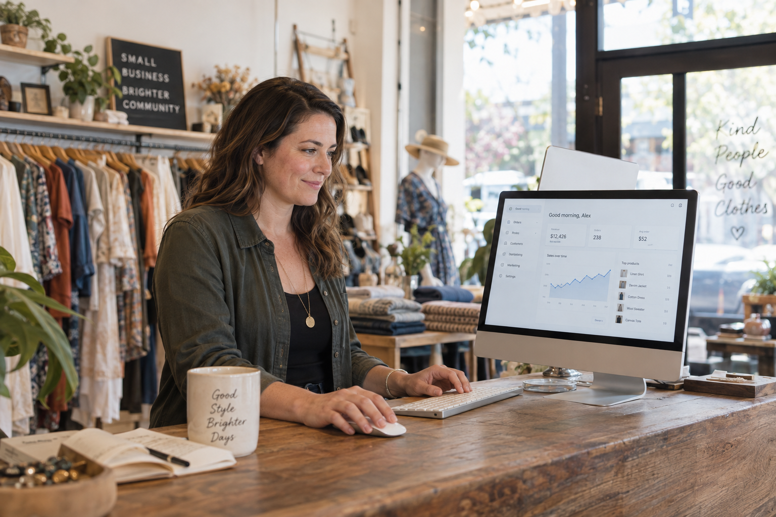 A shop owner at her desk reviewing her store dashboard on a large monitor