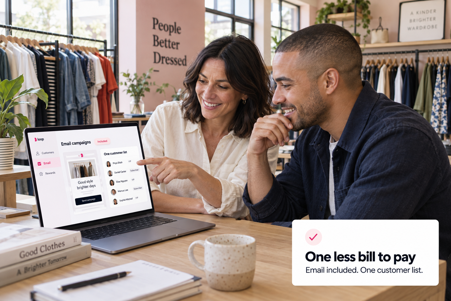 Two owners reviewing email campaigns and one customer list