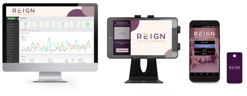 The Reign dashboard, check-in tablet, branded app, and key tag