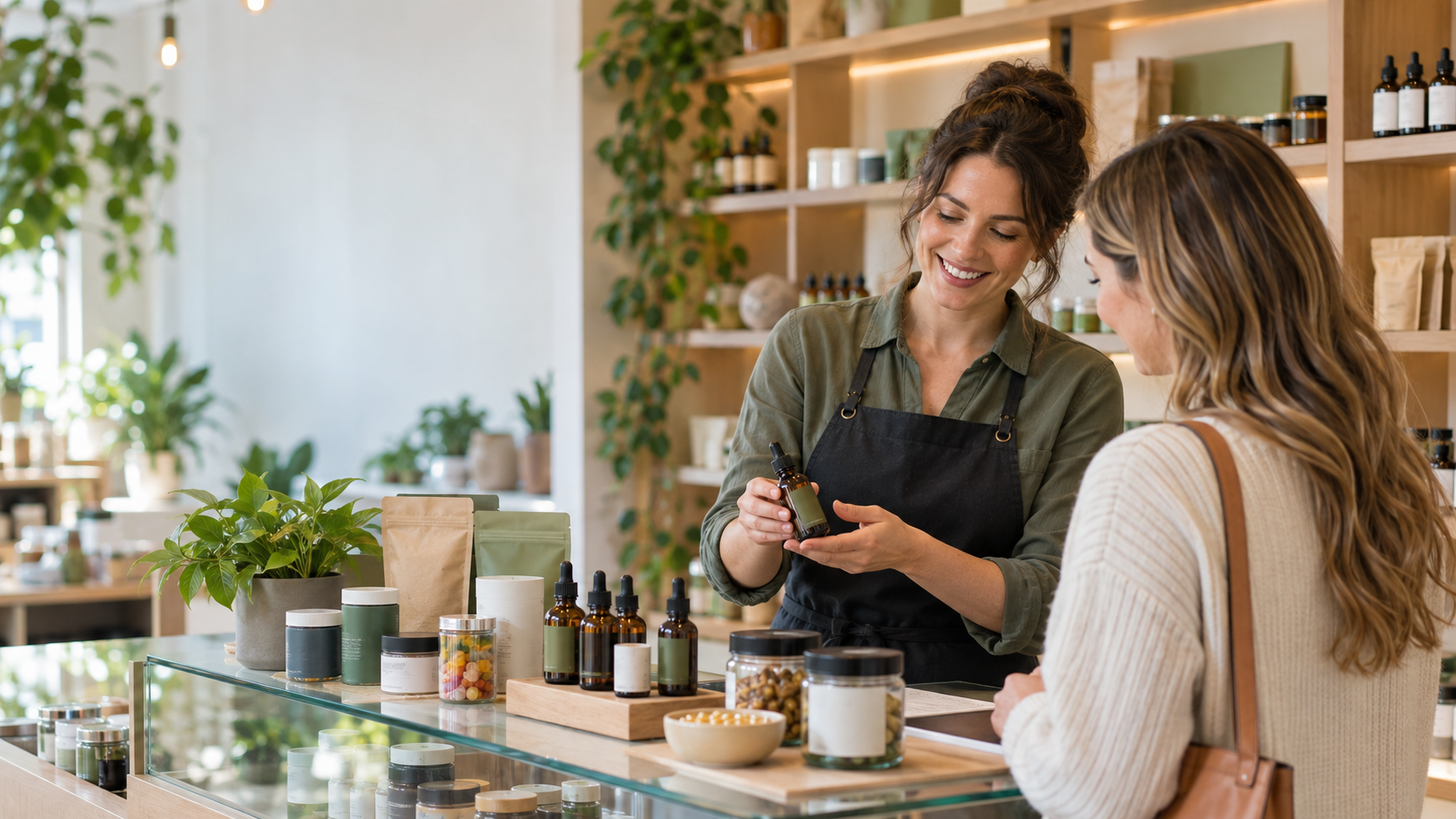 A CBD shop associate showing a customer a tincture
