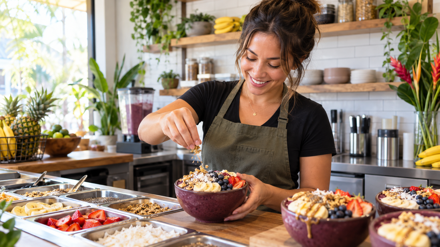 A shop owner topping an açaí bowl at the counter