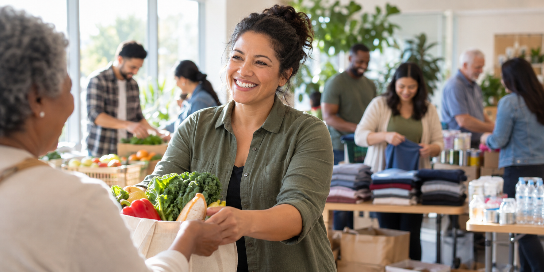 A volunteer handing a neighbor a bag of groceries at a community drive