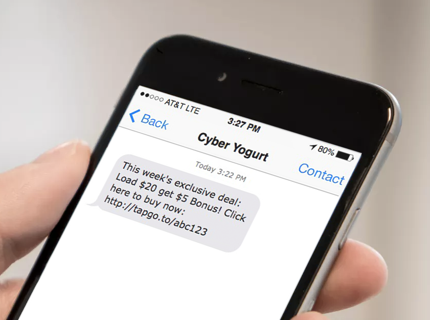 A text offering $5 bonus credit on a $20 load