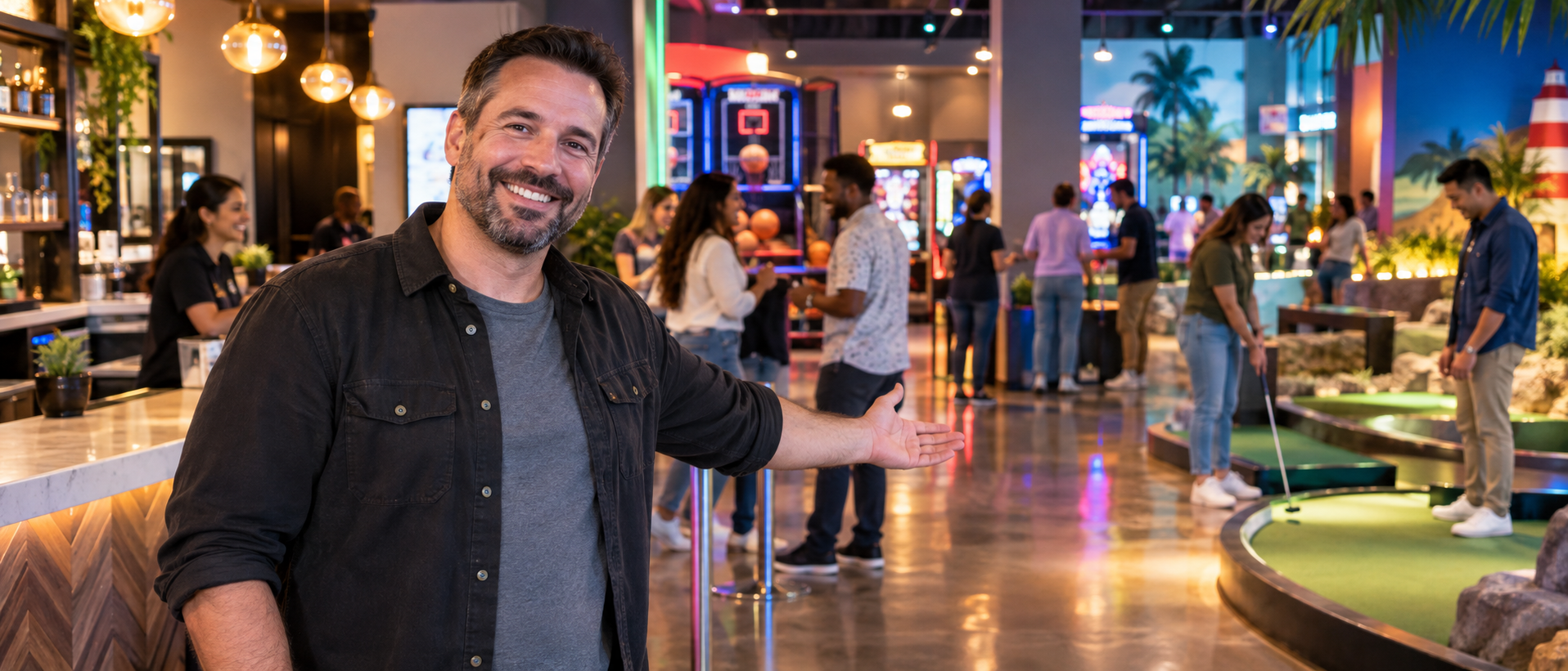 An entertainment venue owner welcoming guests to the arcade and mini golf