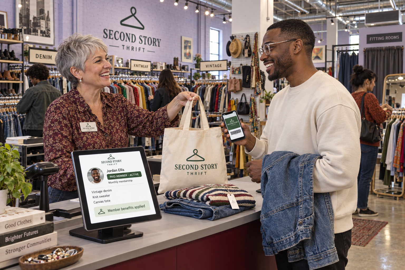 A thrift shop paid member checking out with member benefits applied
