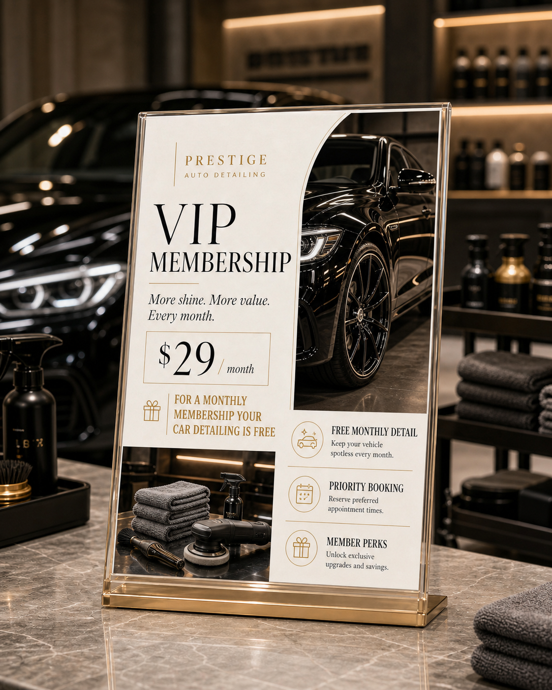 A VIP membership sign on an auto detailing counter