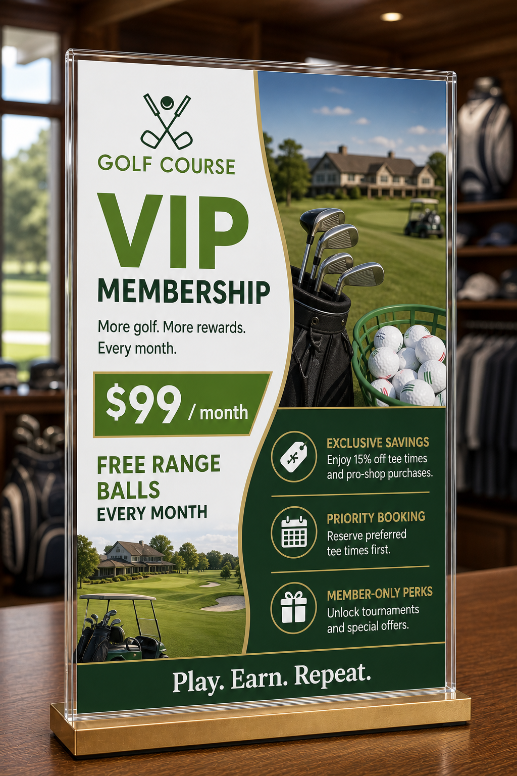 A VIP membership sign in a golf pro shop