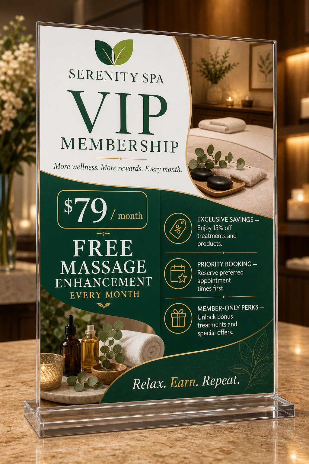 A VIP membership sign on a spa counter