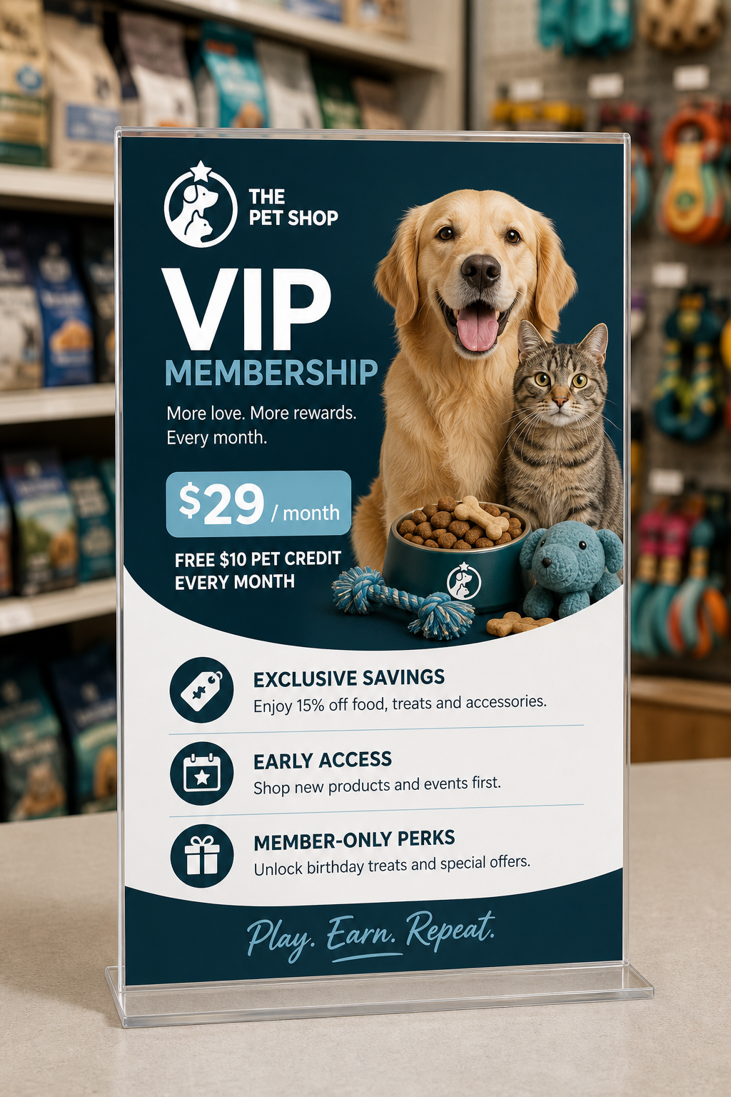 A VIP membership sign on a pet shop counter