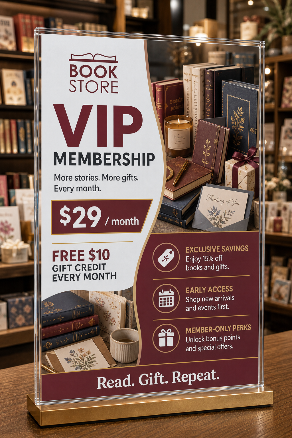 A VIP membership sign on a gift shop counter