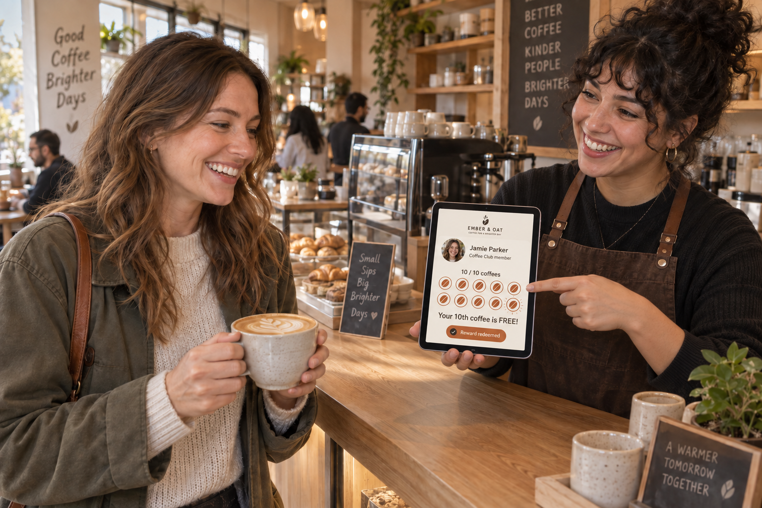 A barista showing a customer her completed coffee punch card