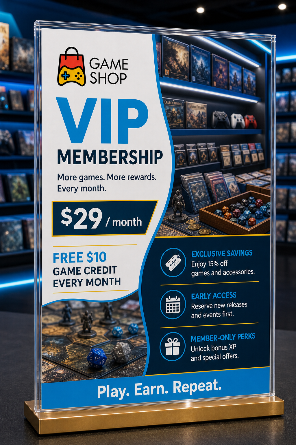 A VIP membership sign on a game shop counter