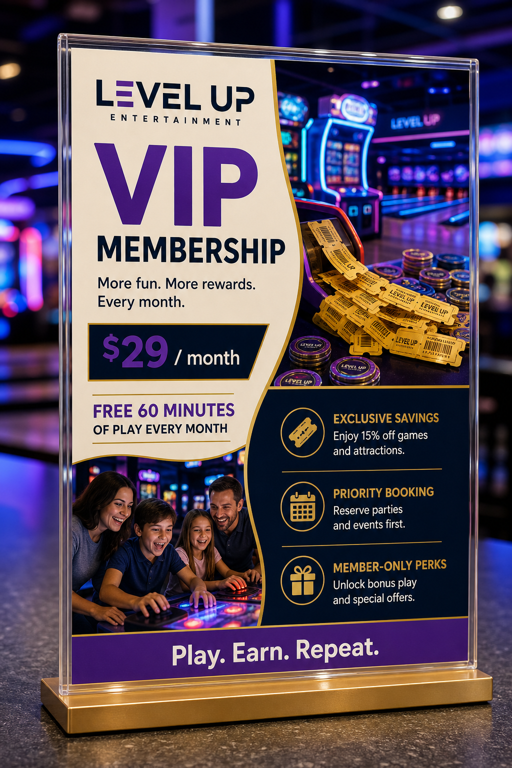 A VIP membership sign in an arcade and bowling venue