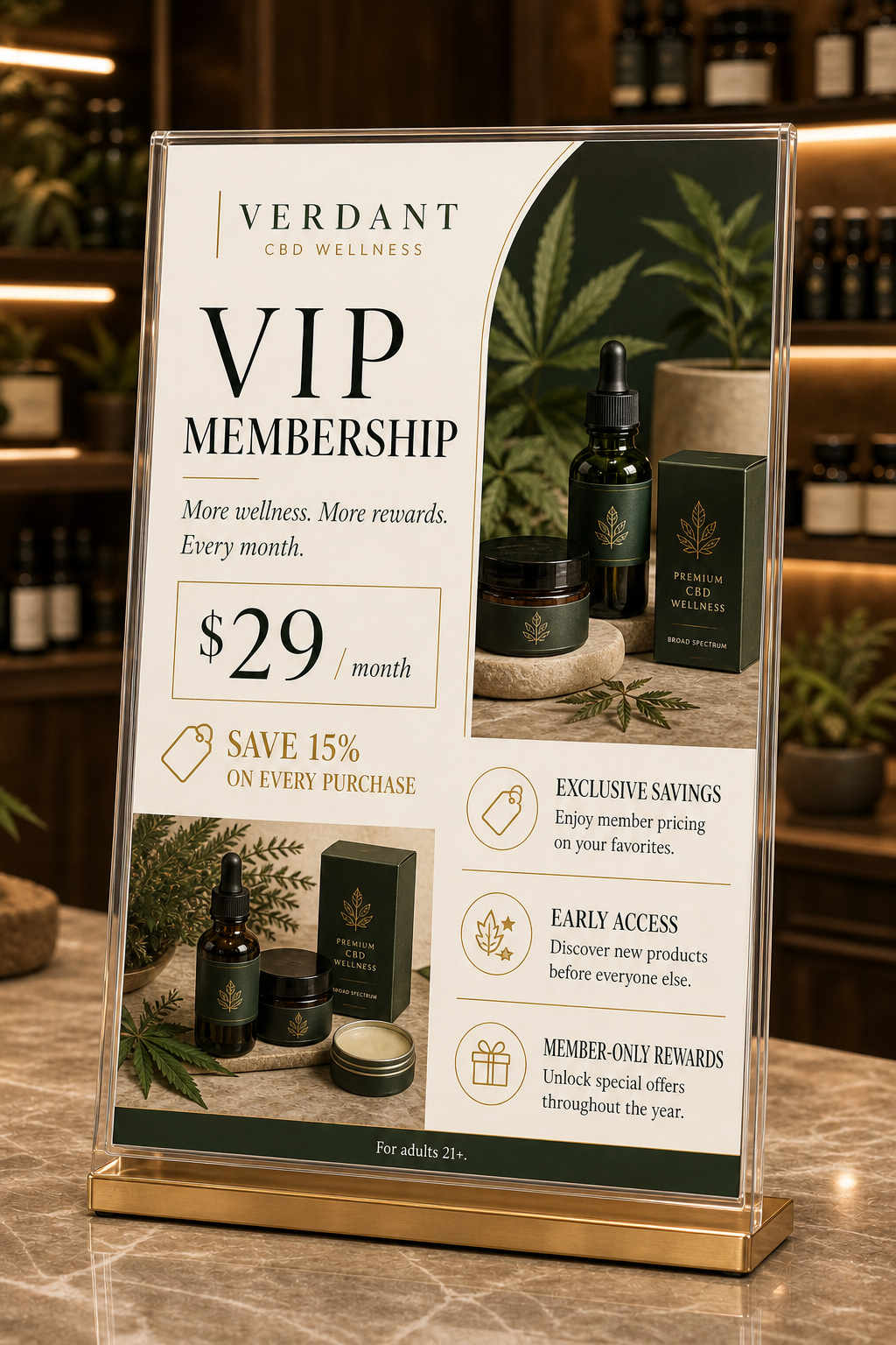 A VIP membership sign on a CBD shop counter