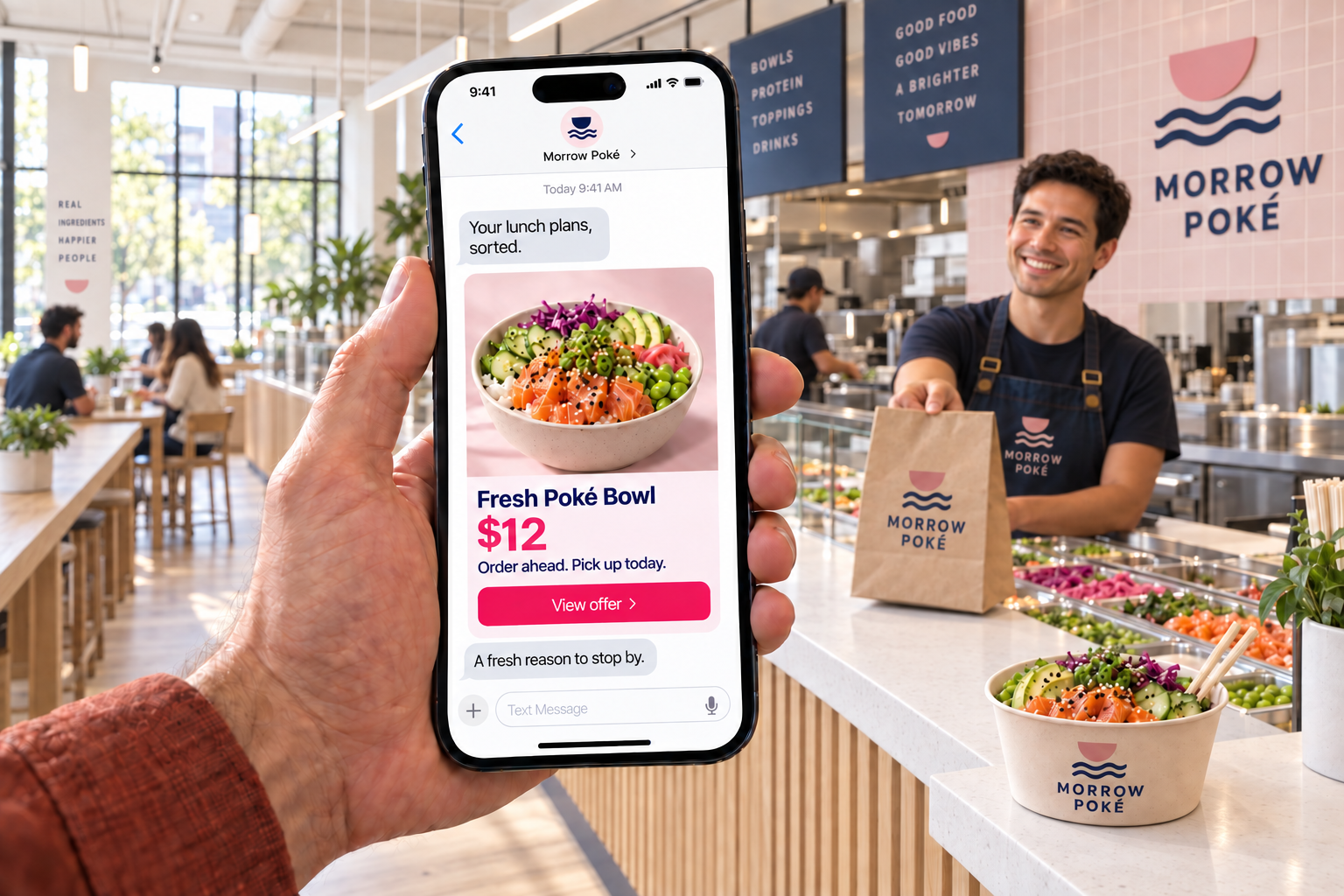 A Morrow Poké lunch offer arriving by text message