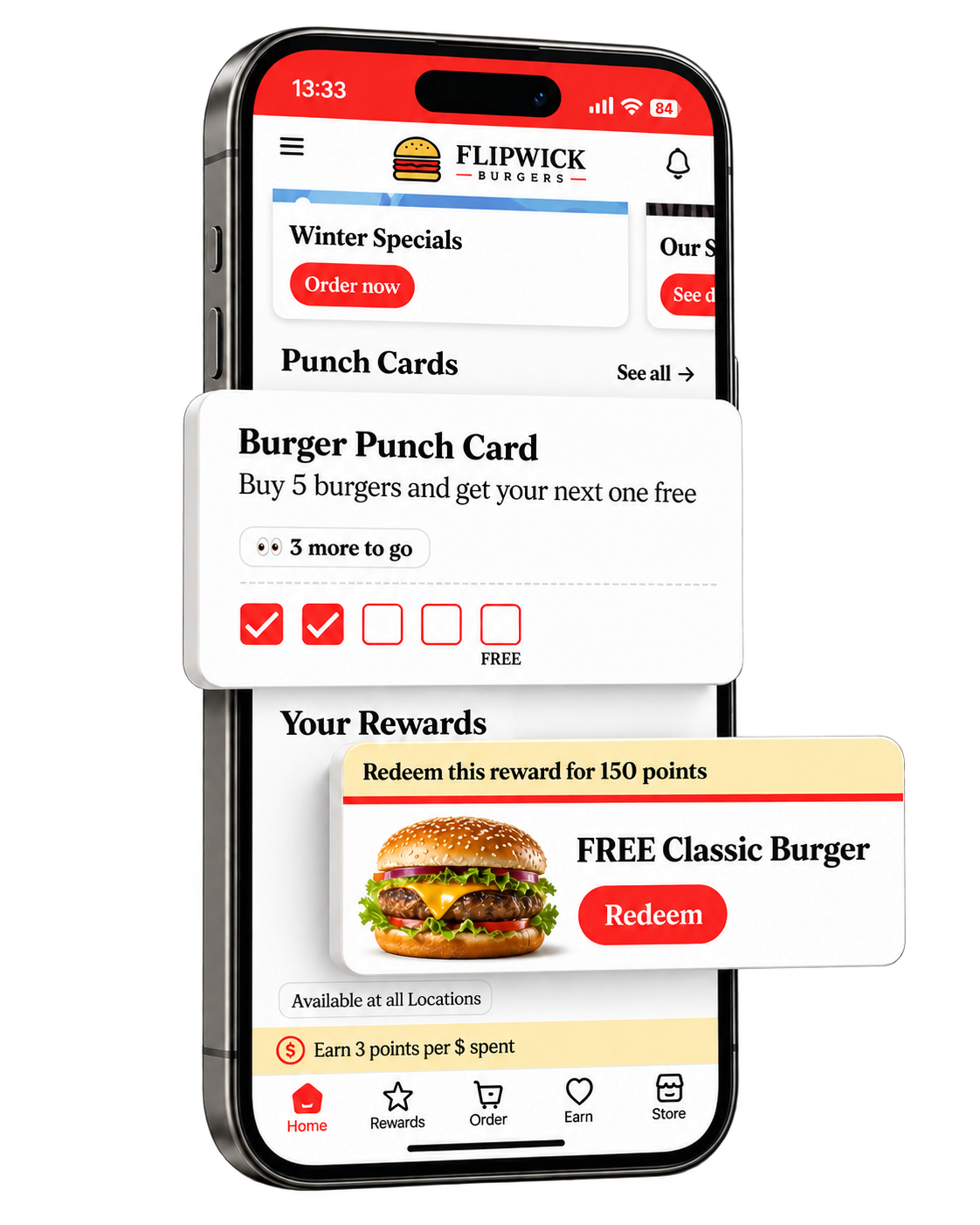 The Flipwick Burgers punch card and reward in the app
