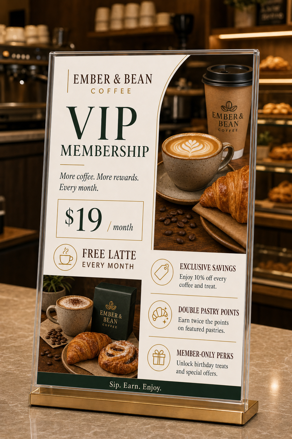 Ember & Bean VIP membership sign on the counter