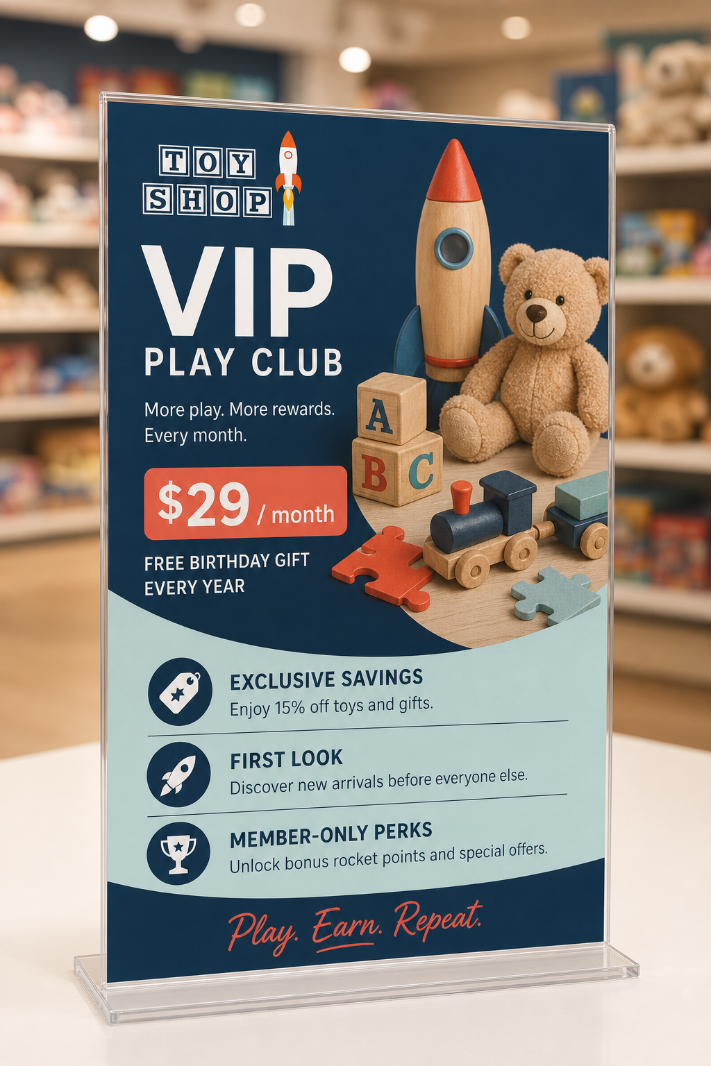A VIP play club sign in a toy shop
