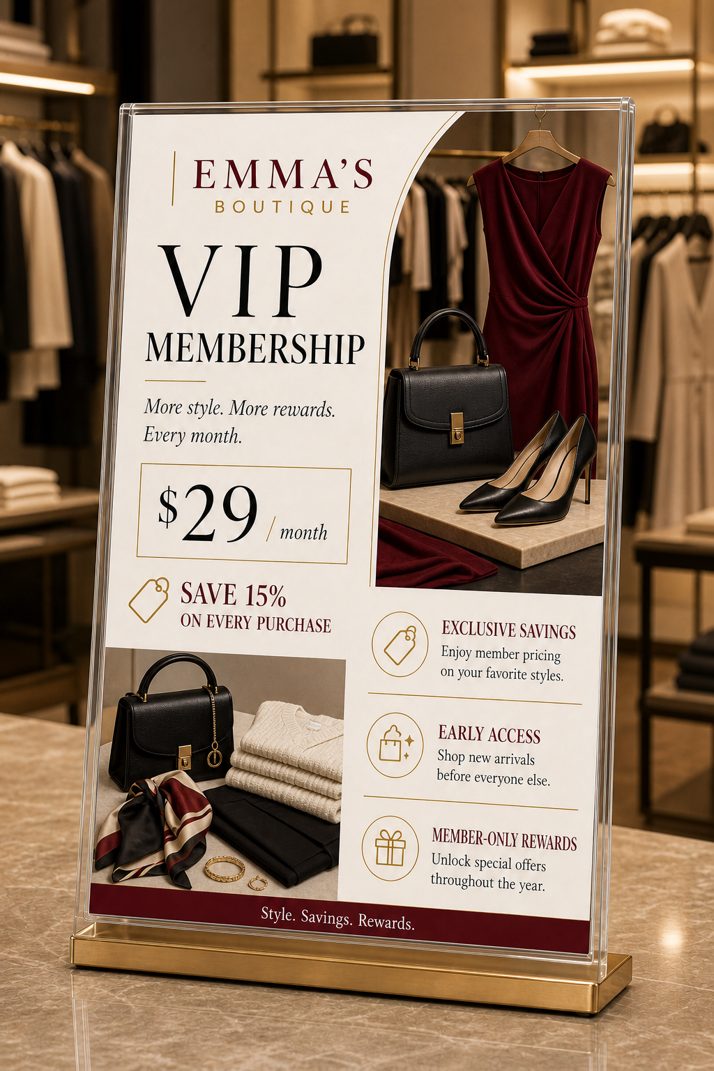 A VIP membership sign on a boutique counter