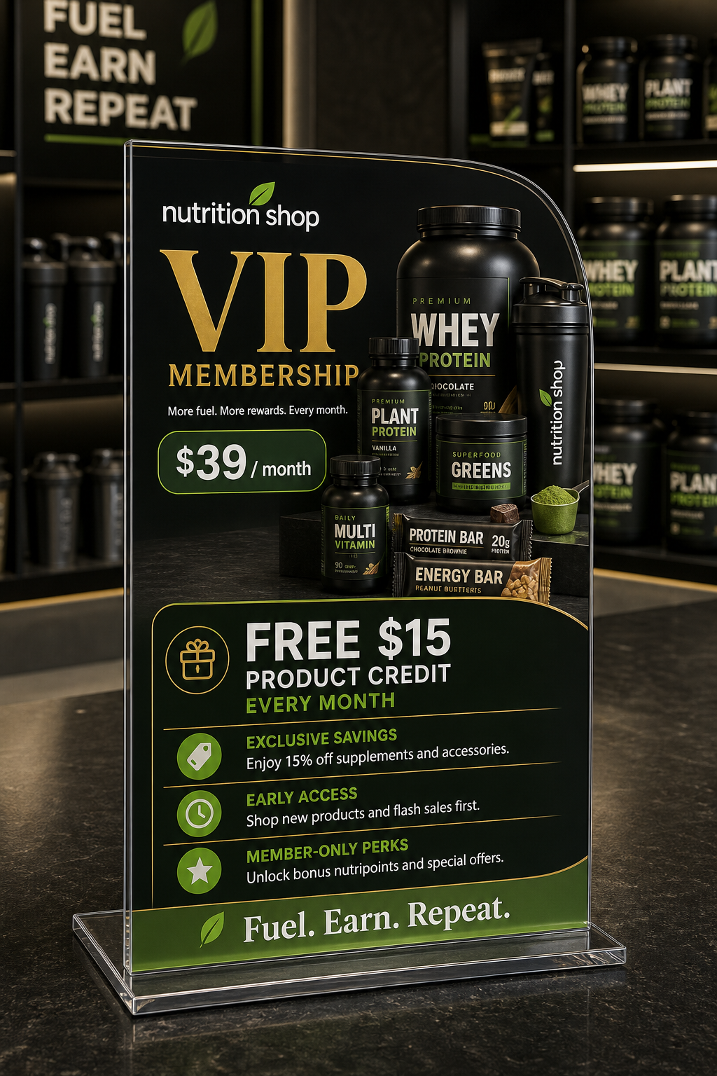 A VIP membership sign in a nutrition shop