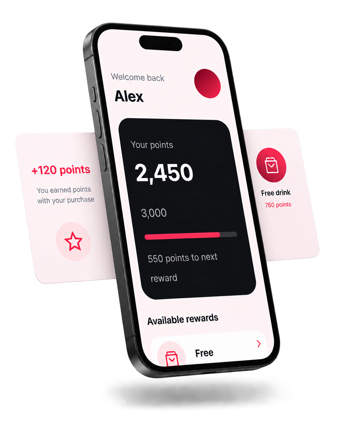 TapMango customer app showing points, progress to the next reward and available rewards
