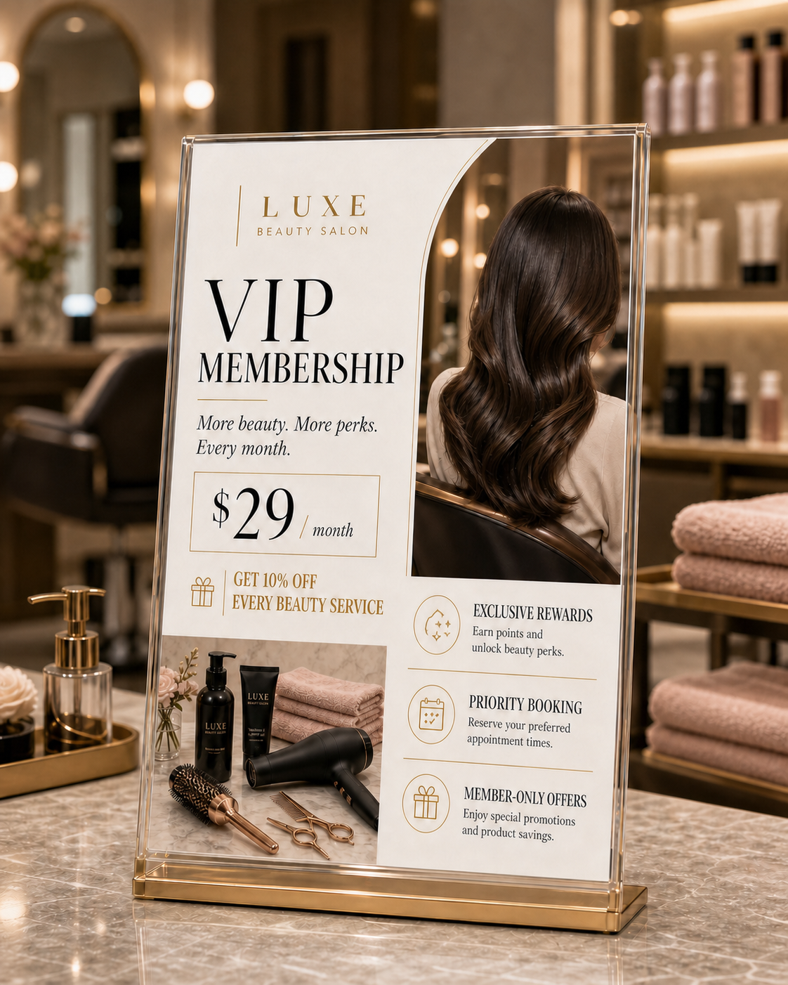 A VIP membership sign on a salon counter