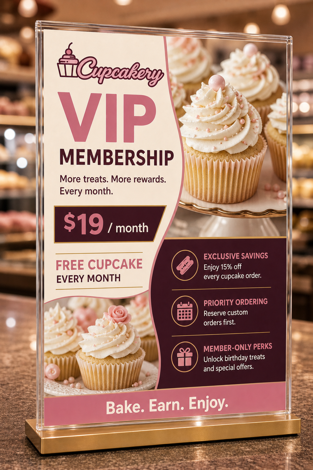 Cupcakery VIP membership sign on the counter