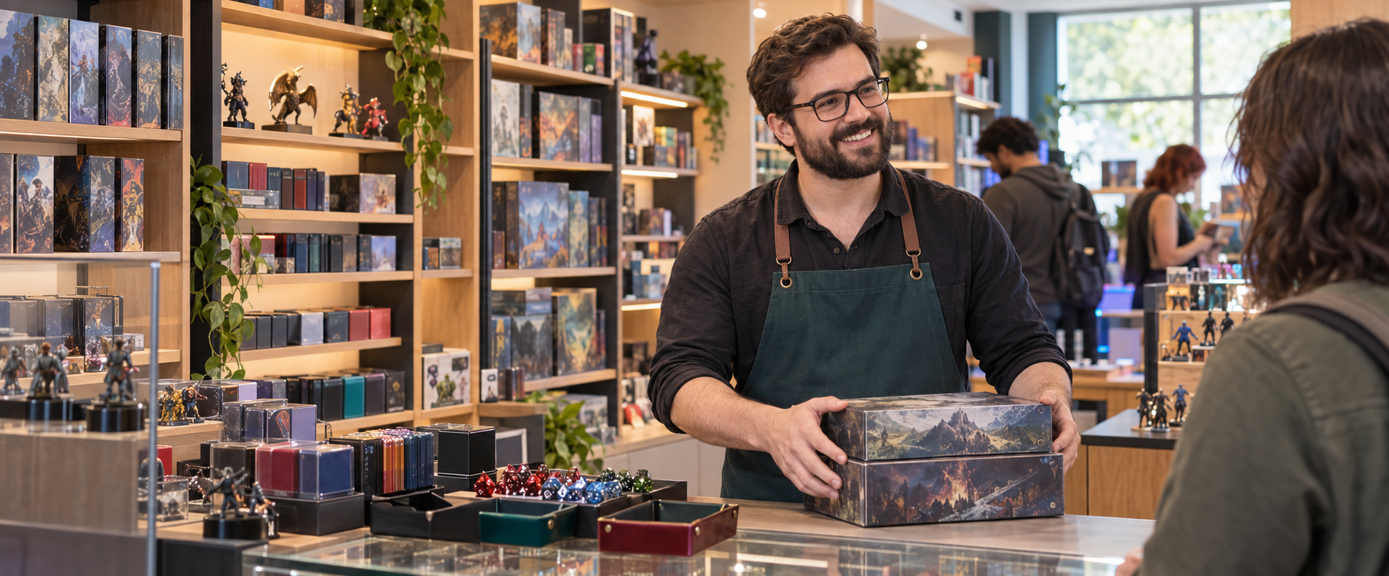 A game store owner greeting a customer at the counter