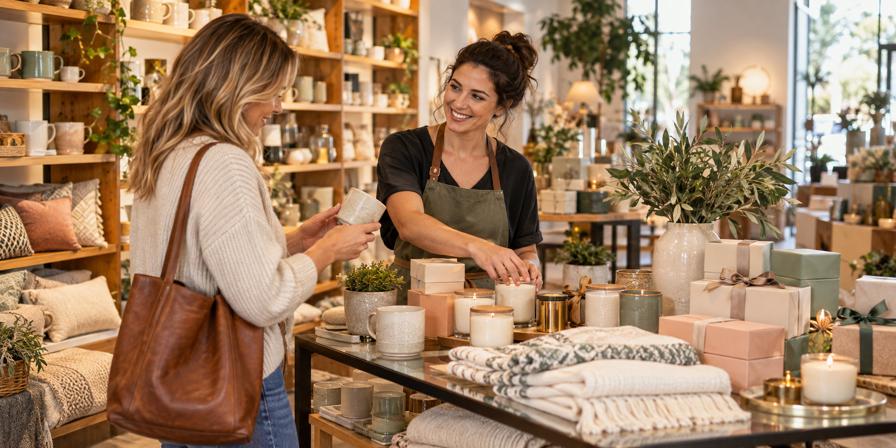 A gift shop owner helping a customer choose a mug