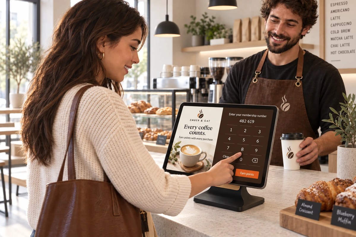 A customer earning points on the counter tablet at a coffee shop