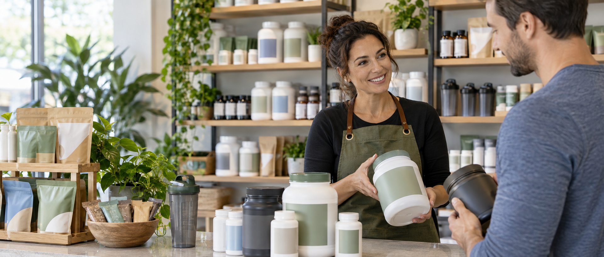 A nutrition shop owner showing a customer a tub of protein