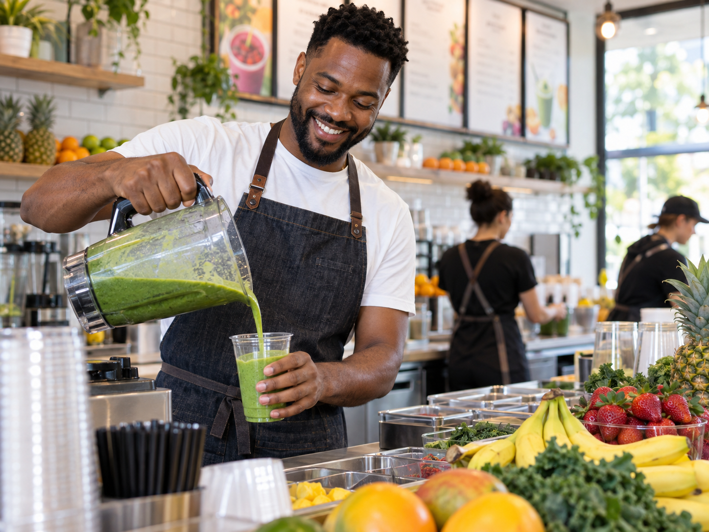 A smoothie bar owner pouring a green smoothie