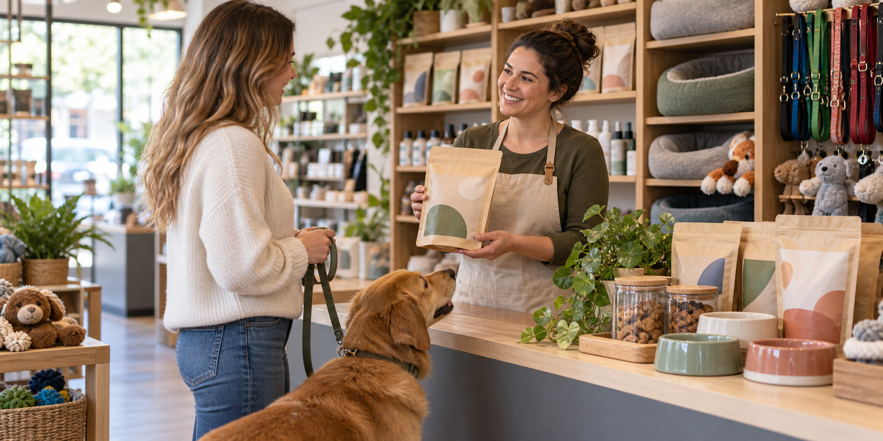 A pet shop owner showing a customer a bag of dog food