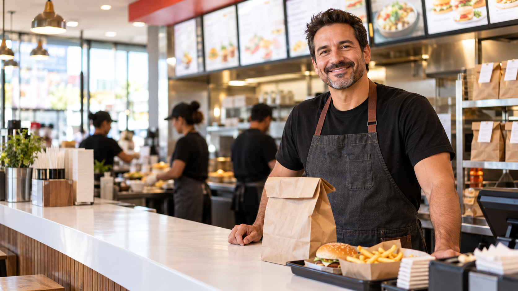 A restaurant owner at the pickup counter