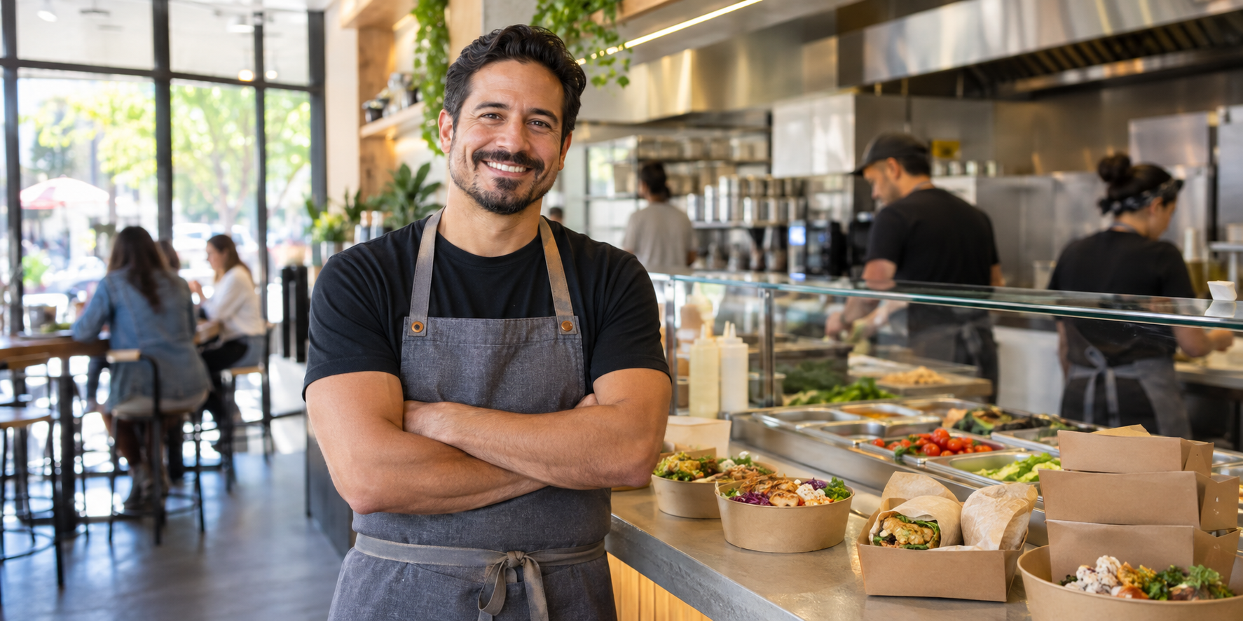 A smiling restaurant owner at his counter