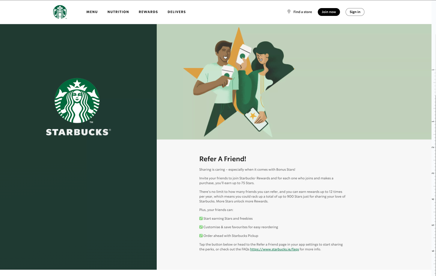 Starbucks Refer a Friend page offering bonus stars for referrals